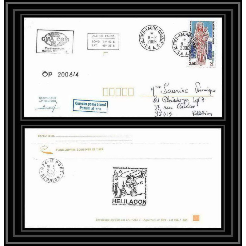 2626 ANTARCTIC terres australes TAAF lettre cover Dufresne 2 Signé signed op 2006/4 crozet 8/12/2006 N°443 helilagon