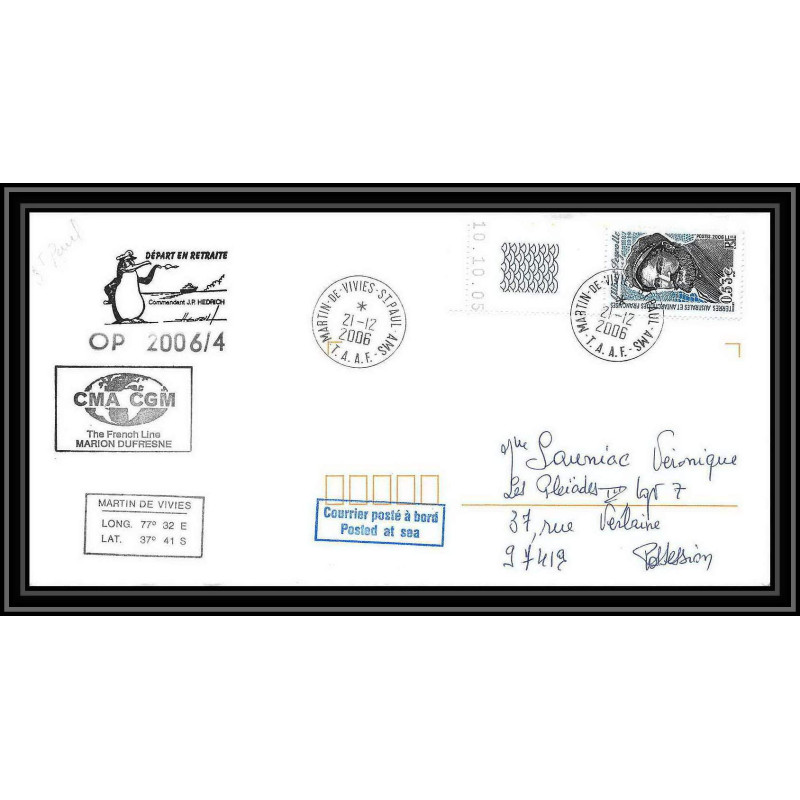 2633 ANTARCTIC terres australes TAAF lettre cover Dufresne 2 Signé signed OP 2006/4 SAINT PAUL N°437 21/12/2006