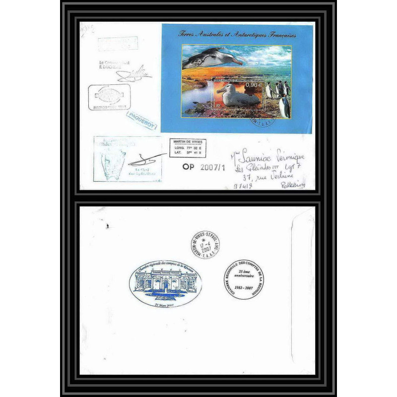 2684 ANTARCTIC terres australes TAAF lettre dufresne Signé signed kerguelen comptes réunion bloc N°16 17/4/2007