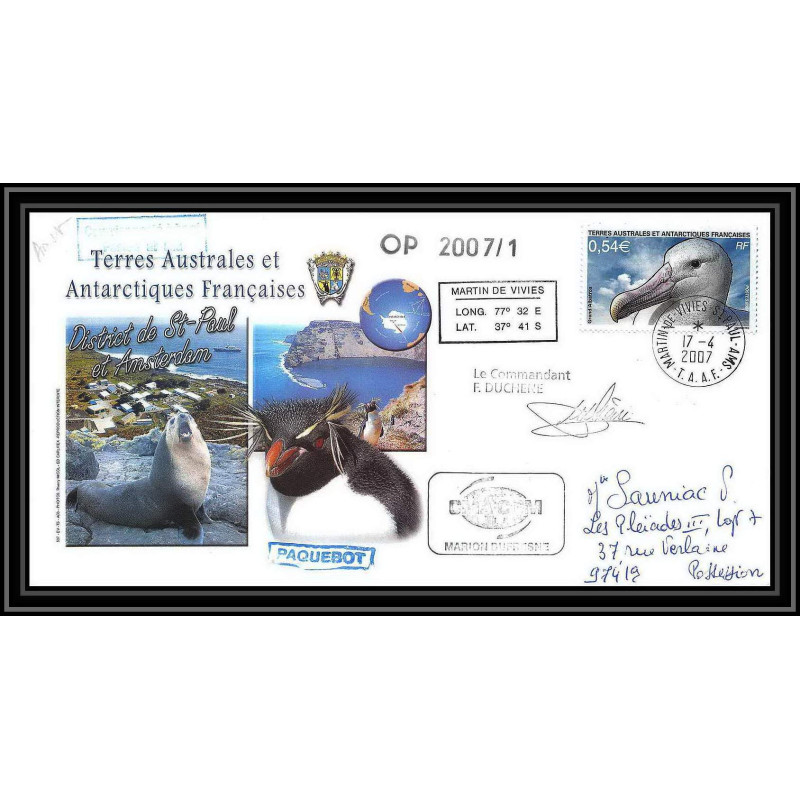 2689 terres australes TAAF lettre Dufresne 2 Signé signed op 2007/1 N°471 17/4/2007 amsterdam oiseaux (birds)