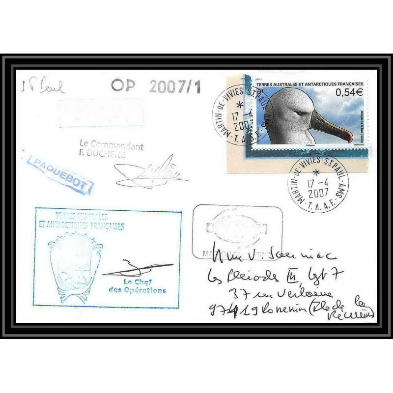 2691 ANTARCTIC terres australes TAAF lettre Dufresne 2 Signé signed op 2007/1 N°467 17/4/2007 ST PAUL oiseaux (birds)