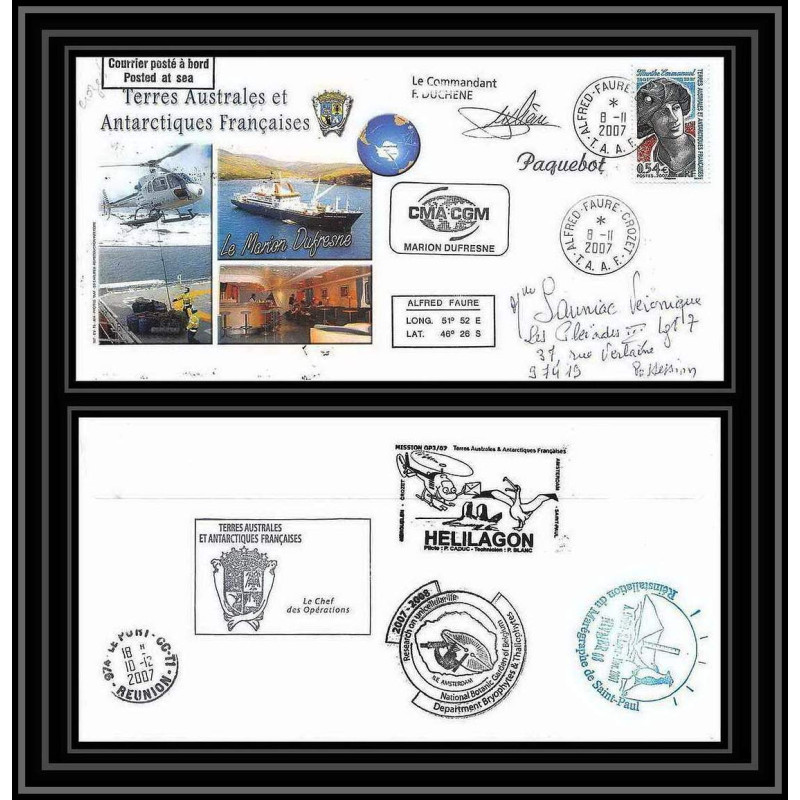 2722 ANTARCTIC terres australes TAAF lettre cover Dufresne 2 Signé signed marégraphe N°457 8/11/2007 crozet helilagon