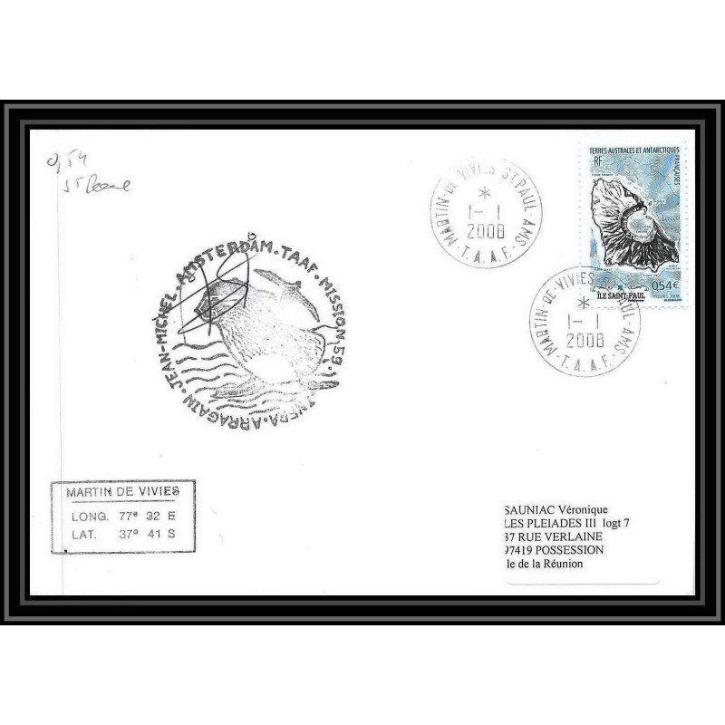 2765 ANTARCTIC terres australes TAAF lettre cover Dufresne 2 Signé signed ST PAUL N°506 mission 59 1/1/2008