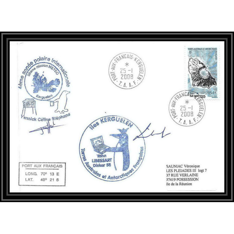 2767 ANTARCTIC terres australes TAAF lettre cover Dufresne 2 Signé signed N°506 25/1/2008 58 ème mission météo