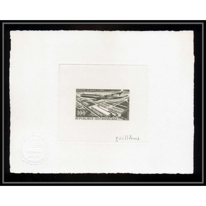 0906 Epreuve d'artiste artist proof centrafricaine PA 47 aeroport de bangui avion plane Signé signed autograph Guillame