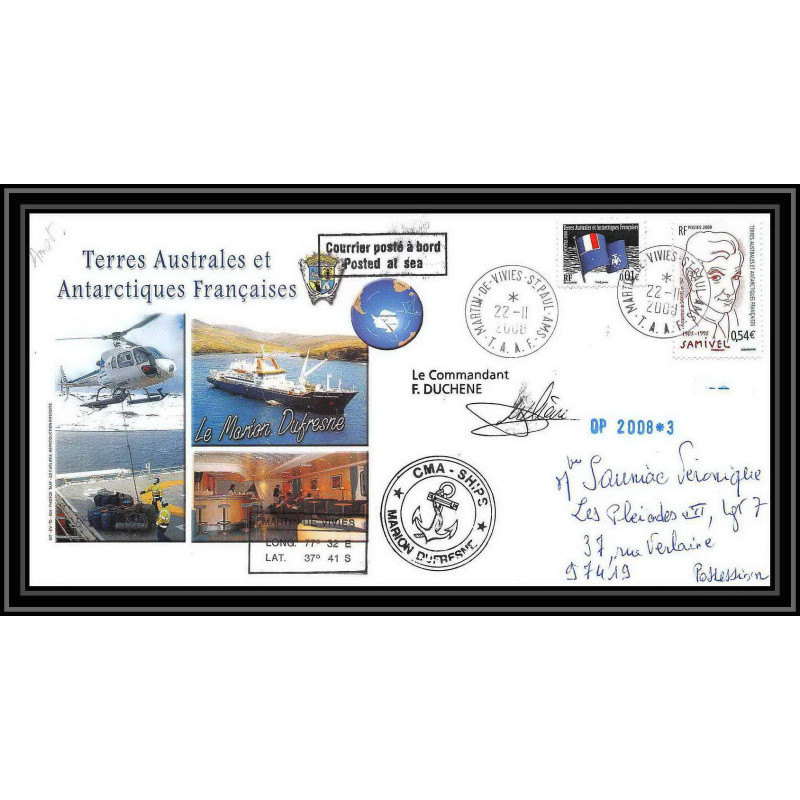 2856 ANTARCTIC terres australes TAAF lettre cover Dufresne 2 Signé signed op 2008/3 st paul 22/11/2008 N°501