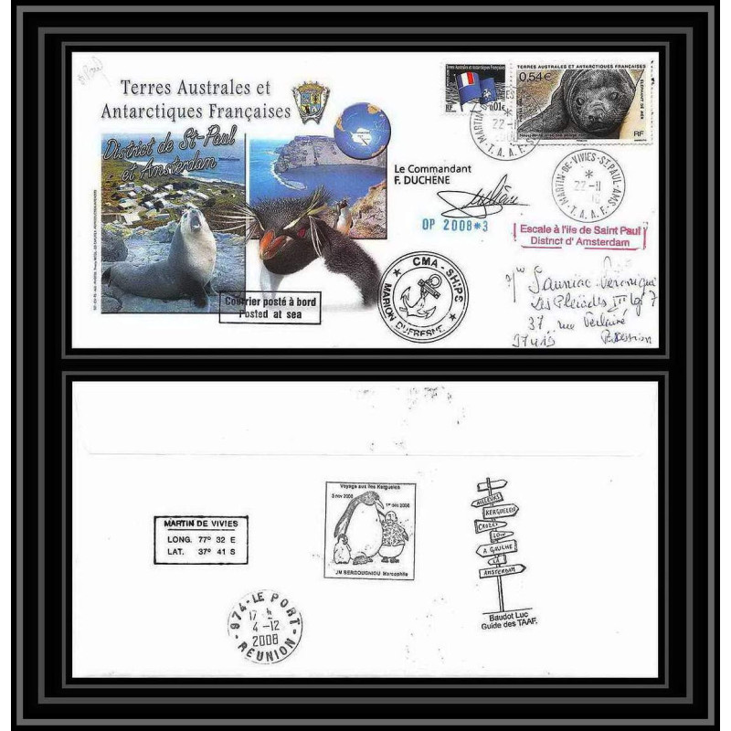 2857 sea elephant terres australes TAAF lettre cover Dufresne 2 Signé signed op 2008/3 st paul 22/11/2008 N°510
