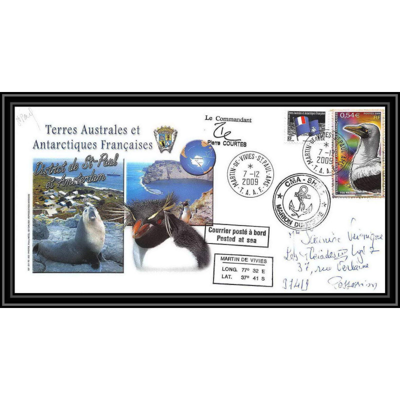 2970 ANTARCTIC terres australes TAAF lettre Dufresne Signé signed st paul portes ouvertes 7/12/2009 N°516 fou bird