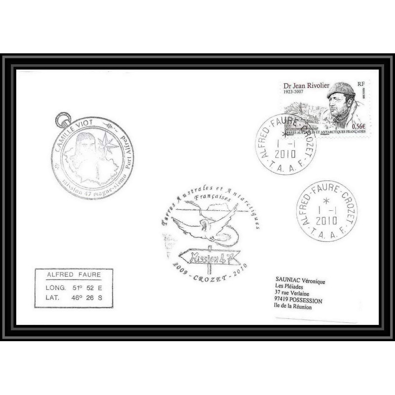 2980 ANTARCTIC terres australes TAAF lettre cover Dufresne 2 crozet 47ème mission 1/1/2010 N°557