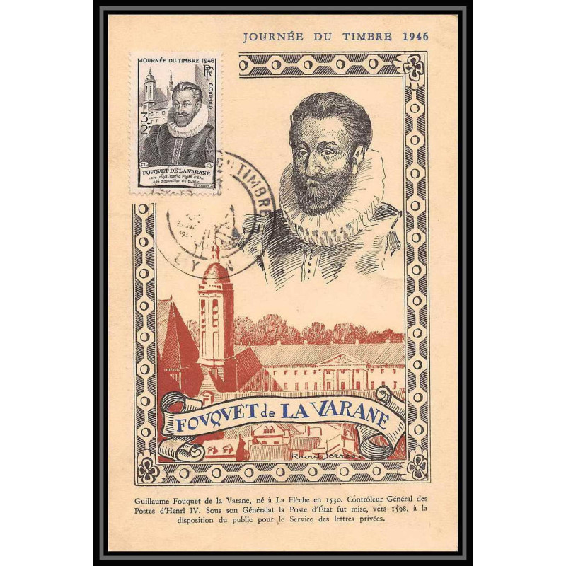 0399/ Carte maximum card France N°754 Journée du timbre Fouquet lyon 30/6/1946 aviation vol bron le bourget vignette