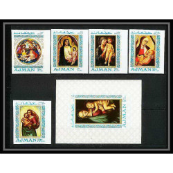 041m - Ajman - MNH ** Mi N°327/331 B.bloc 66 Madones madonna Tableaux - peinture (painting) Non dentelé imperf