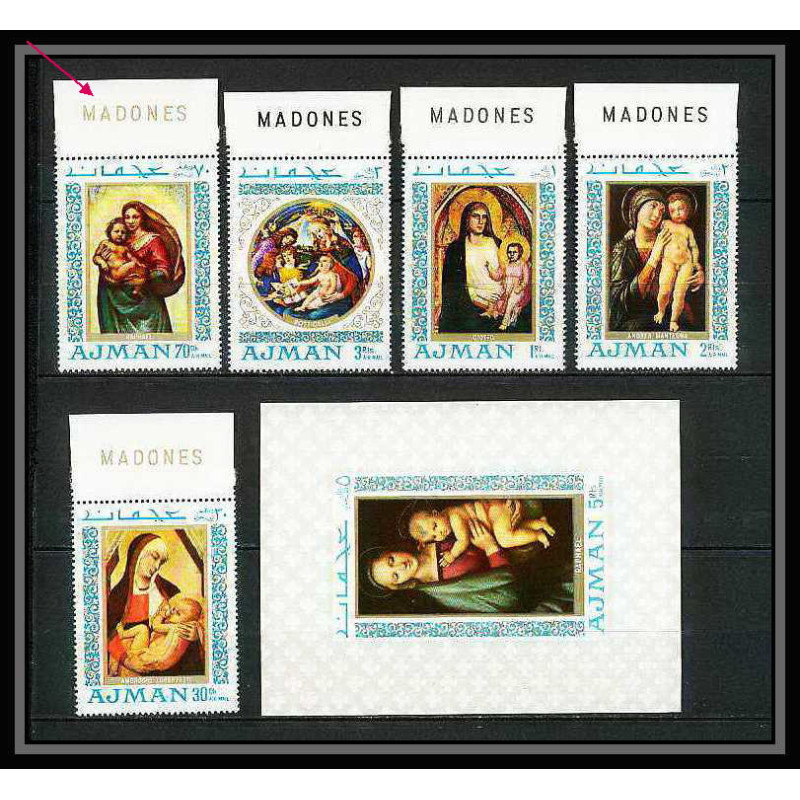 042l - Ajman - MNH ** Mi N°327/331 A bloc 66 Madones inscription marginal madonna raphael/botticelli Tableau (Painting)