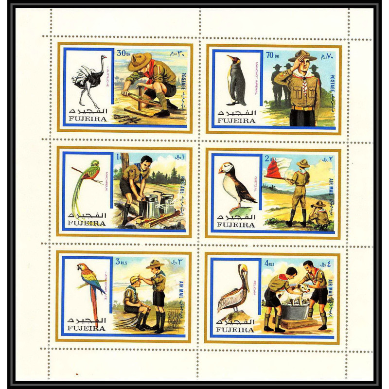 047A - Fujeira - MNH ** Mi N°1012/1017 A Scout scouting - jamboree + oiseaux (birds) PERROQUETS/PELICAN ..