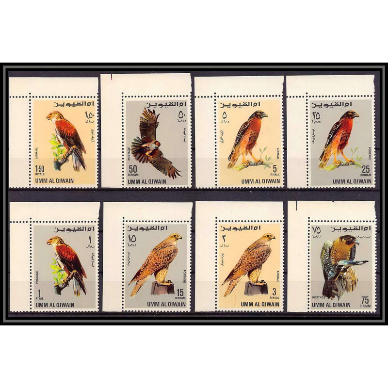 066a - Umm al Qiwain - MNH ** Mi N°225/232 A oiseaux (rapaces) Birds of prey coin de feuille