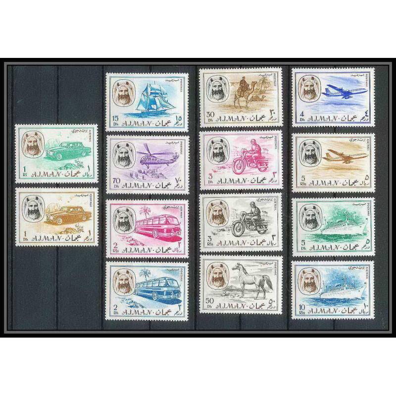 075 - Ajman - MNH ** Mi N°127/140 A means of transport ship Voiture (Cars) moto bus helicoptère cheval avion (plane)