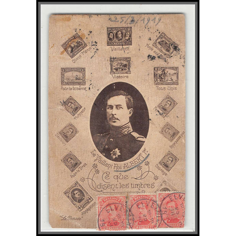 56685 N°138 bande de 3 albert 1er ce que disent les timbres 25/3/1919 belgique Carte maximum card 