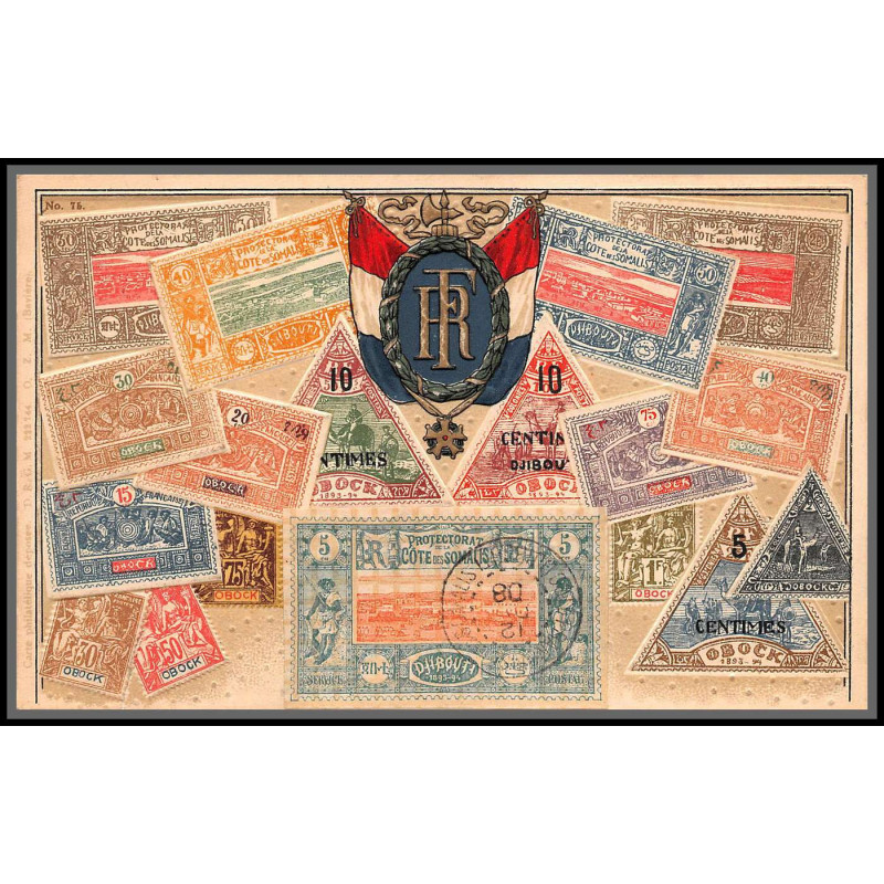 56819 N°9 vue de djibouti 1908 cote francaise des somalis Carte maximum card timbres gaufrée embossée