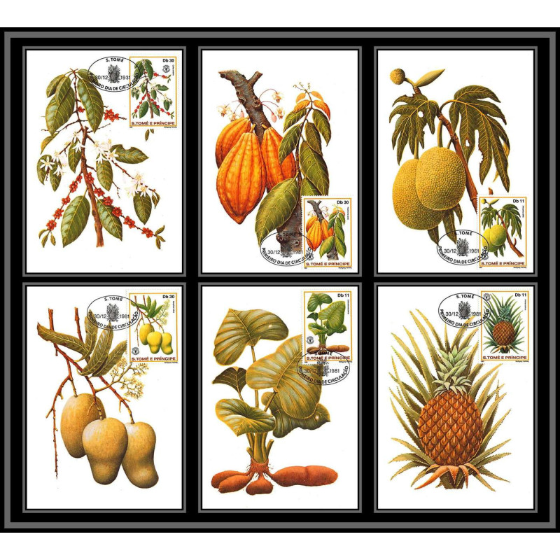 5851 Carte maximum card s tome e principe mi N°744/749 fruits fruts 1981 ananas café cacao mangue fdc coffee