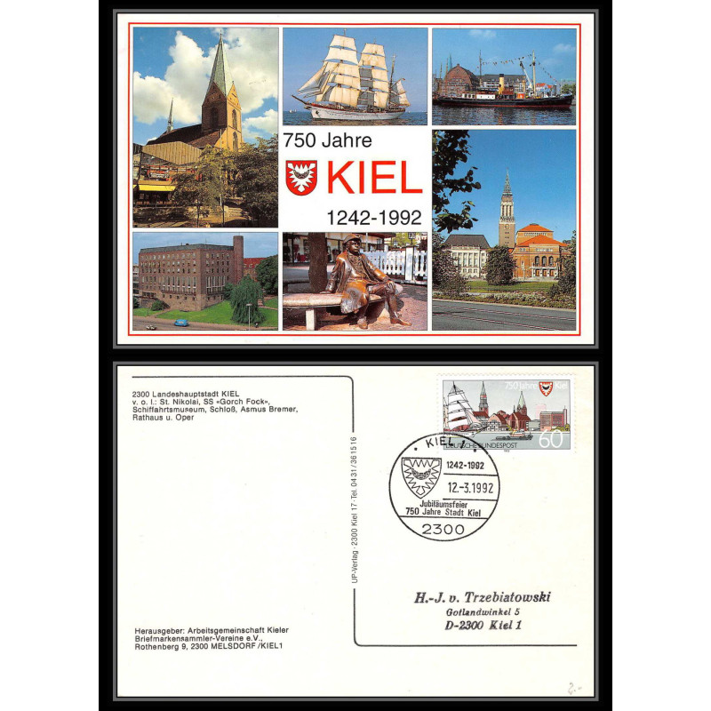 Allemagne (germany) - Carte commemorative (card) 2140a 750 jahre stadt kiel 1992 bateau bateaux ship 