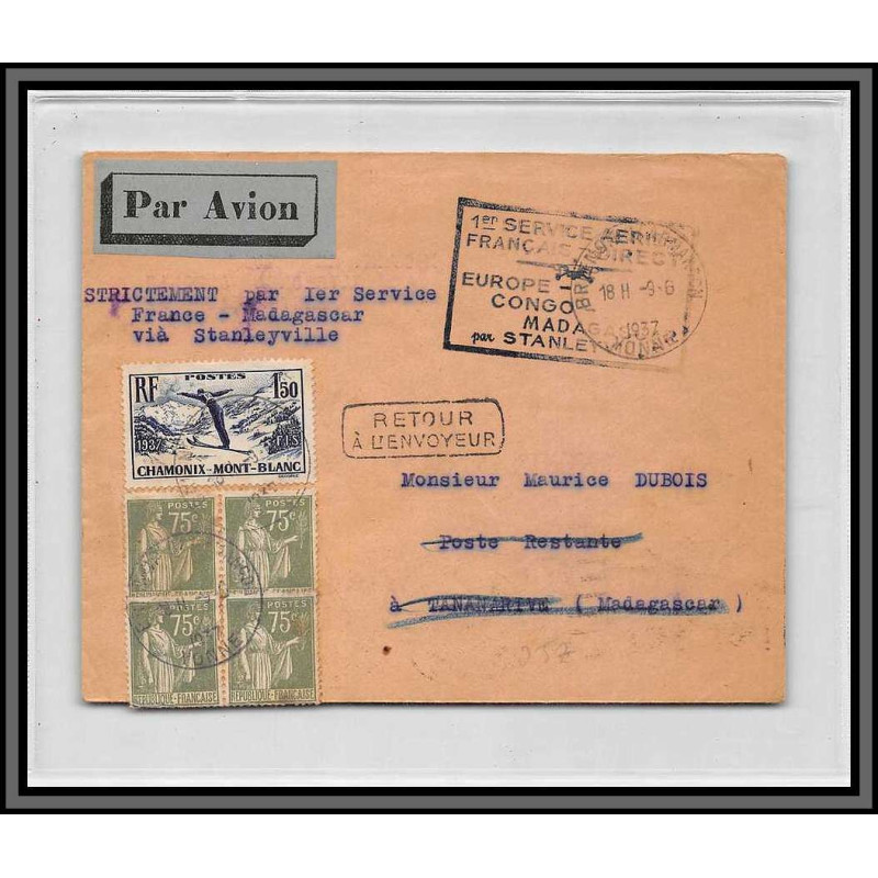 10155 1er service aérien francais direct Europe congo Madagascar via stanleyville 9/6/1937 lettre cover France aviation 