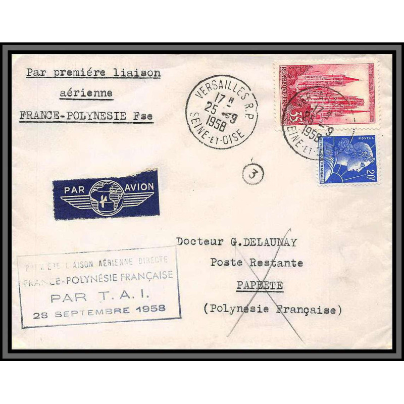 10224 1ère liaison aérienne directe france polynésie papete versailles 25/9/1958 lettre cover France aviation 