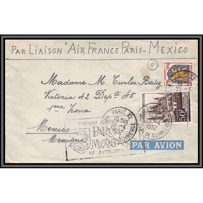 10233 par avion 1ère liaison air france paris mexico 27/4/1952 lettre cover France aviation 