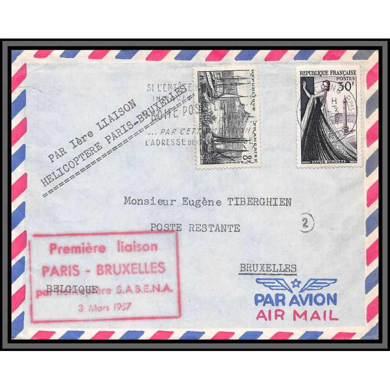 10235 1ère liaison lille bruxelles par helicoptère SABANA 3/3/1957 belgique lettre cover France aviation 
