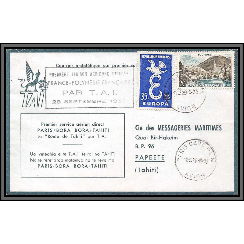 10237 1ère liaison aérienne directe france polynésie par tai 28/9/1959 papete lettre cover France aviation 