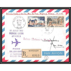 10247 1ère liaison avianca paris san juan bogota boeing quadrireacteur montlucon 18/1/1962 lettre cover France aviation