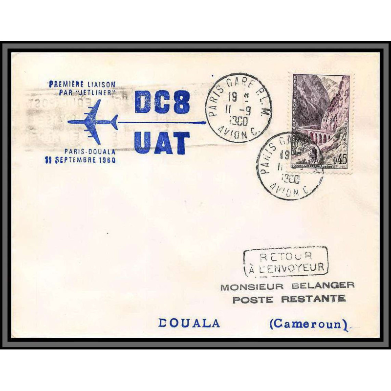 10255 1ère liaison par jetliner dc8 UAT PARIS DOUALA CAMEROUN 11/9/1960 lettre cover France aviation 