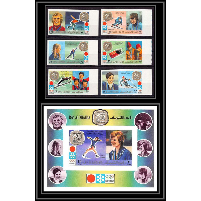 113c - Ras Al Khaima MNH ** N°731/736 B + bloc 130 B Non dentelé imperf jeux olympiques olympic games sapporo