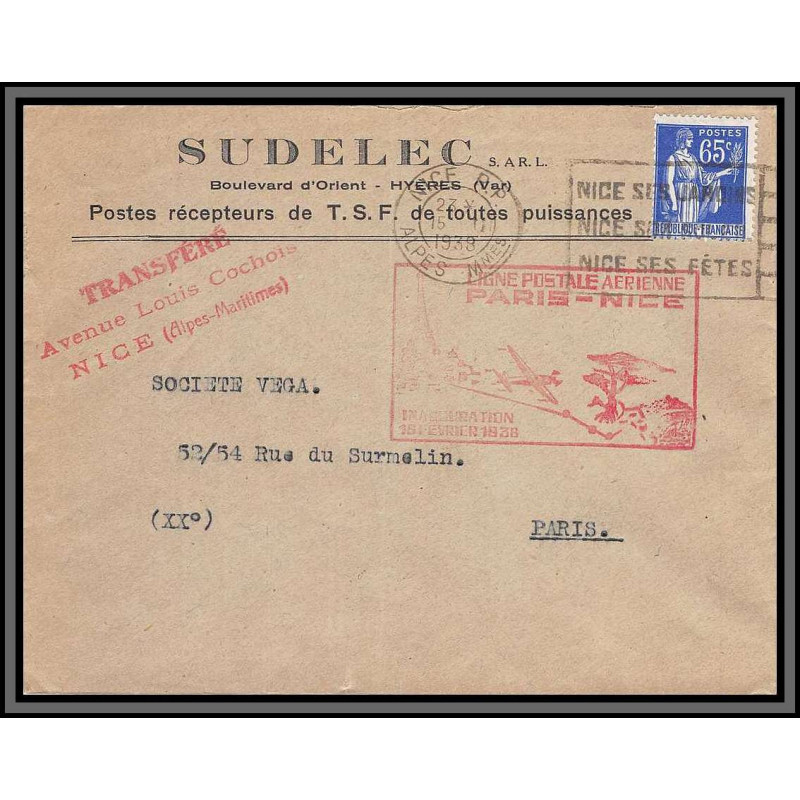 10700 entete sudelec première liaion aérienne paris nice 15/2/1938 lettre cover France aviation 