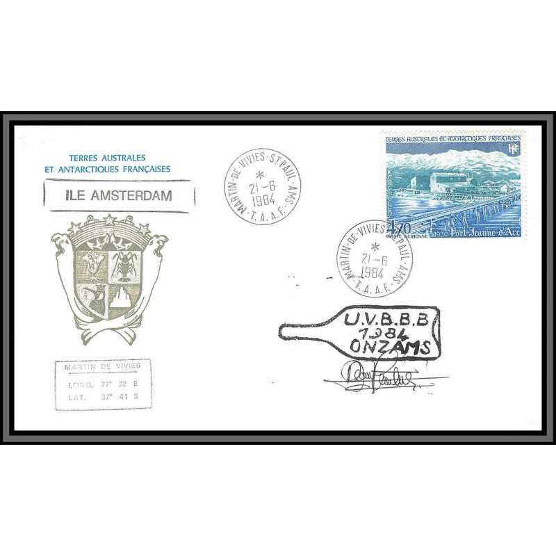 10878 PA N°43 port jeanne d'arc UVBBB 1984 amsterdam signé signed lettre cover TAAF terres australes 