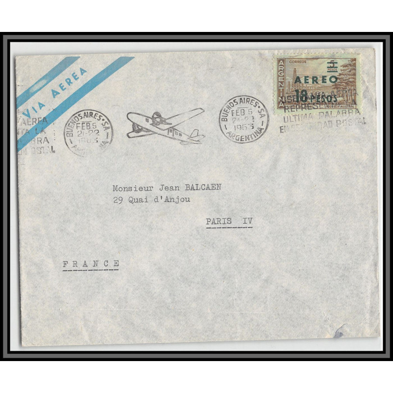 10929a Mi N°804 5/2/1953 par avion krag ultima palabra aviation lettre cover argentine argentina 