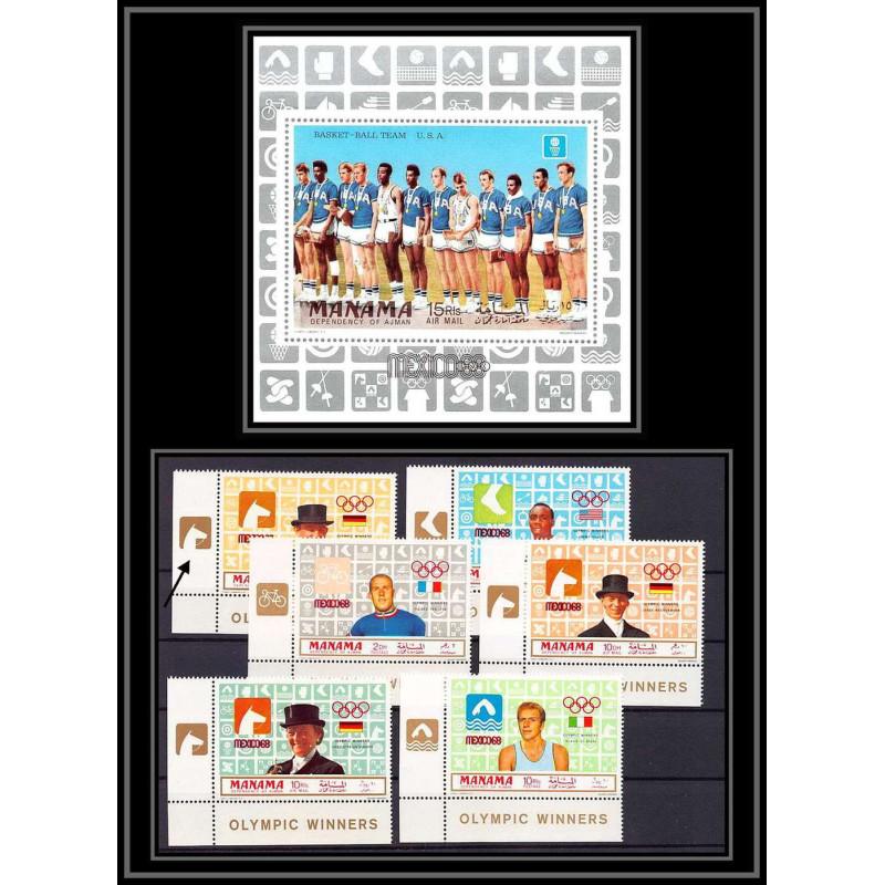 122b - Manama MNH ** Mi N°204/209 A + 35 A jeux olympiques olympic games MEXICO 68 cheval cycling basket