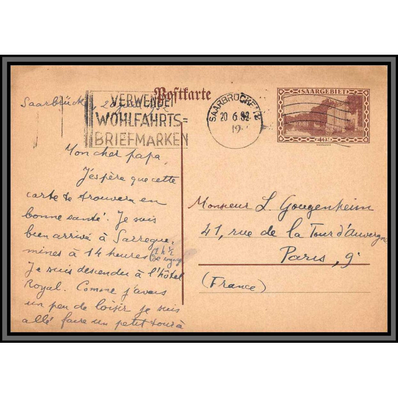11478 entier stationery 1919 carte postale postcard saar saargebiet 