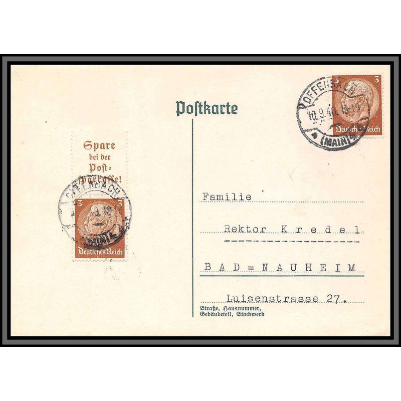 11484 maréchal hindenburg 1940 offenbach pour Bad Nauheim carte postale postcard allemagne deutsches reich 