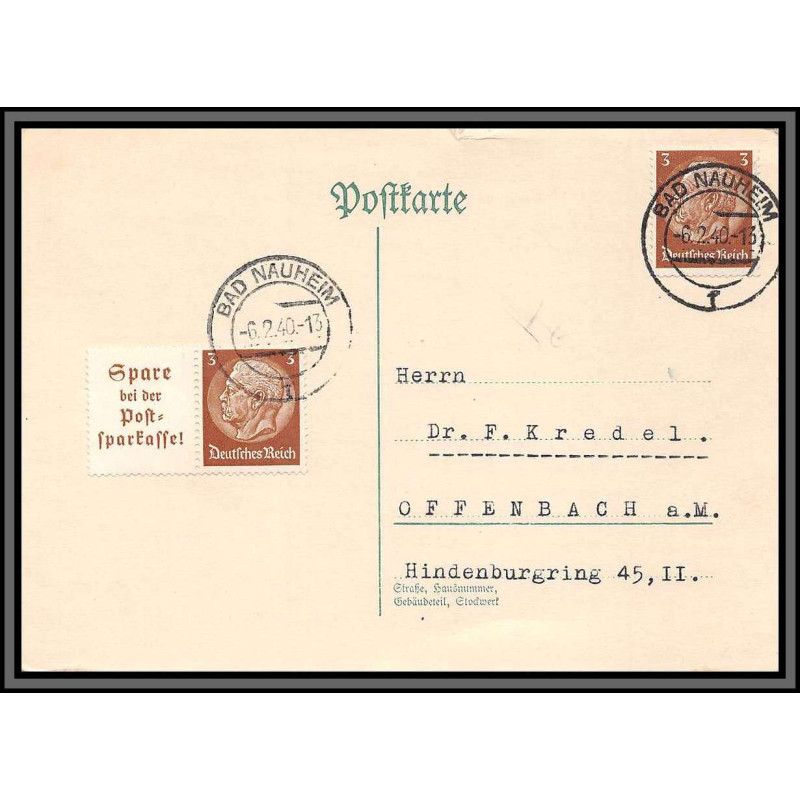 11486 maréchal hindenburg 1940 Bad Nauheim pour offenbach carte postale postcard allemagne deutsches reich 
