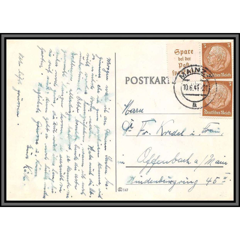 11521 maréchal hindenburg mainz pour offenbach 1940 carte postale postcard poskarte allemagne deutsches reich 
