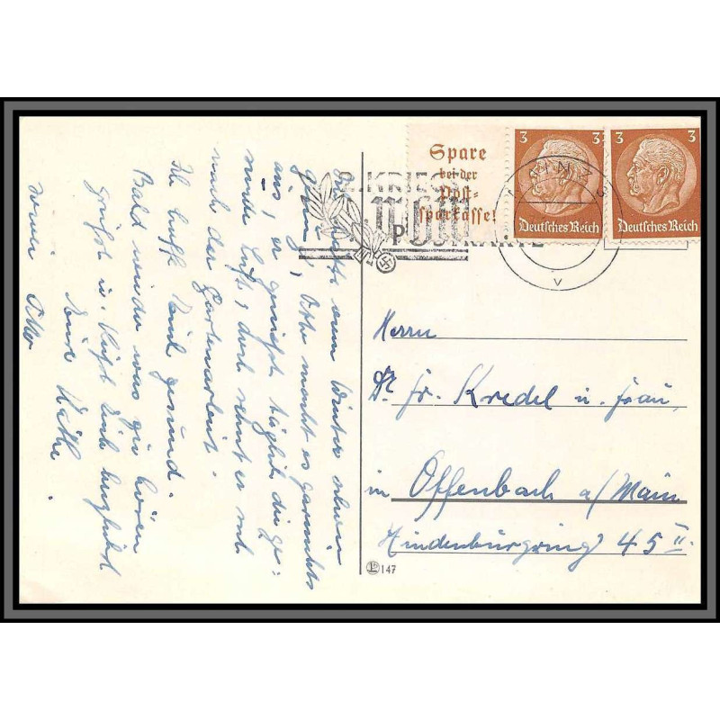 11527 maréchal hindenburg mainz pour offenbach 1941 carte postale postcard poskarte allemagne deutsches reich 