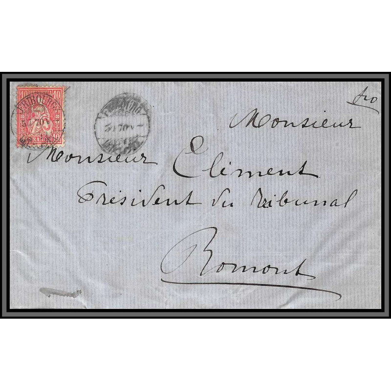 11599 type helvetia N°43 fribourg 1870 pour romont lsc lettre cover suisse 