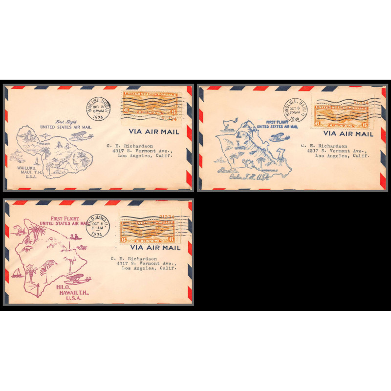 12092 wailuku / honolulu hilo hawai 8/10/1934 premier vol first flight lot 3 lettre airmail cover usa aviation