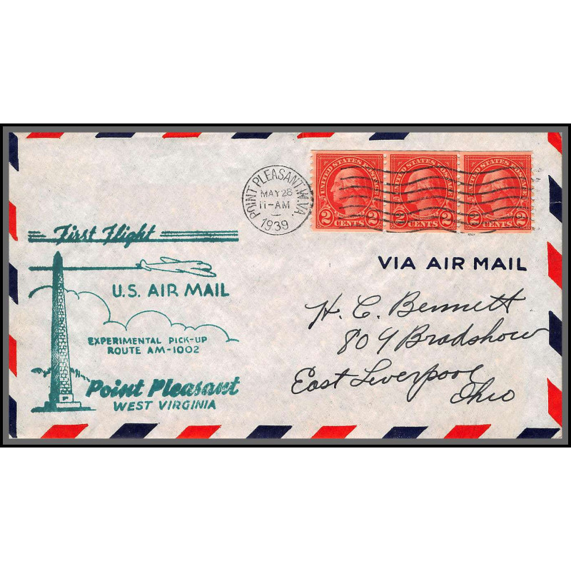 12142 am 1002 experimental pick up route point pleasant 28/5/1939 premier vol first flight lettre airmail cover usa 