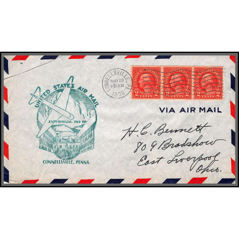 12151 am 1002 experimental pick up route connellsville 28/5/1939 premier vol first flight lettre airmail cover usa 