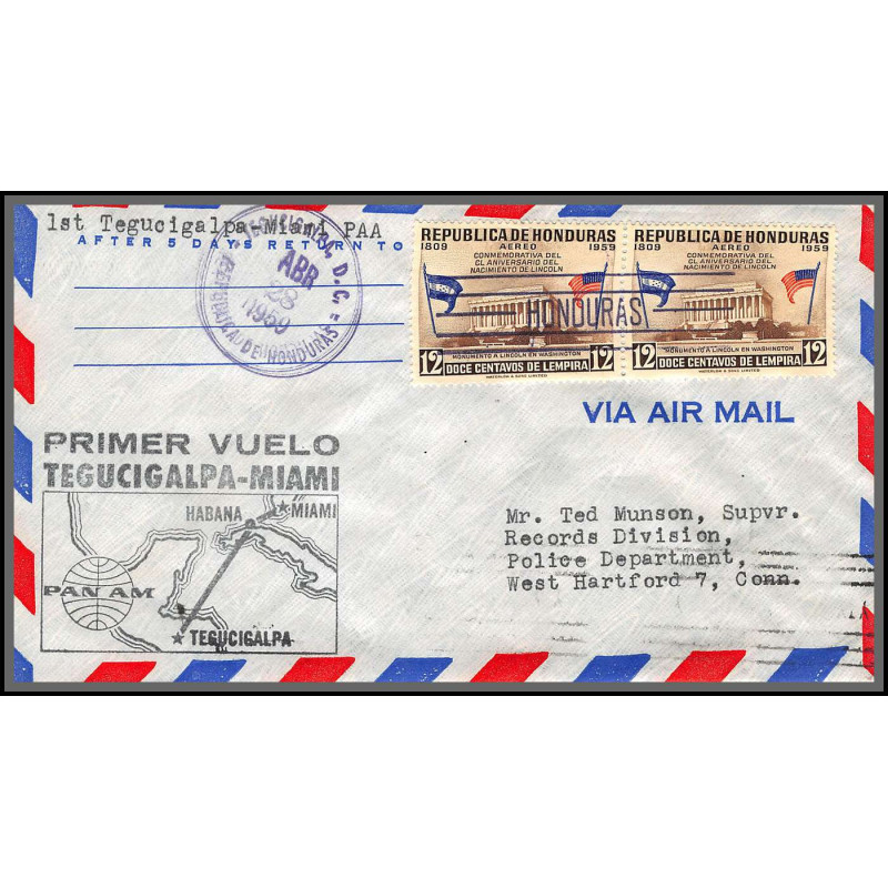 12157 pan american fam 5 27/4/1959 premier vol first flight tegucigalpa to miami honduras lettre airmail cover usa 