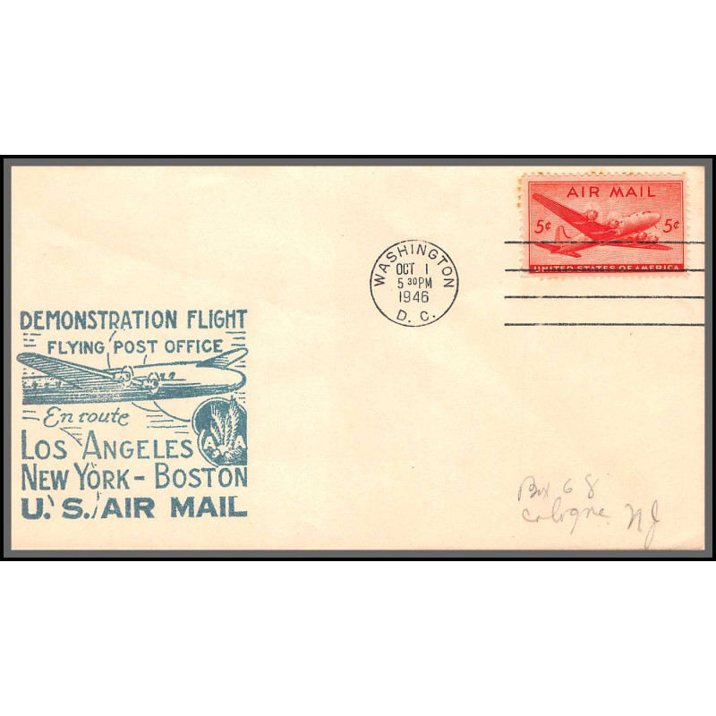 12172 en route los angeles new york boston mail washington 1/10/1946 premier vol first demonstration flight lettre 