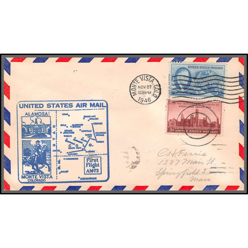 12174 am 73 monte vista 27/11/1946 premier vol first flight lettre airmail cover usa aviation