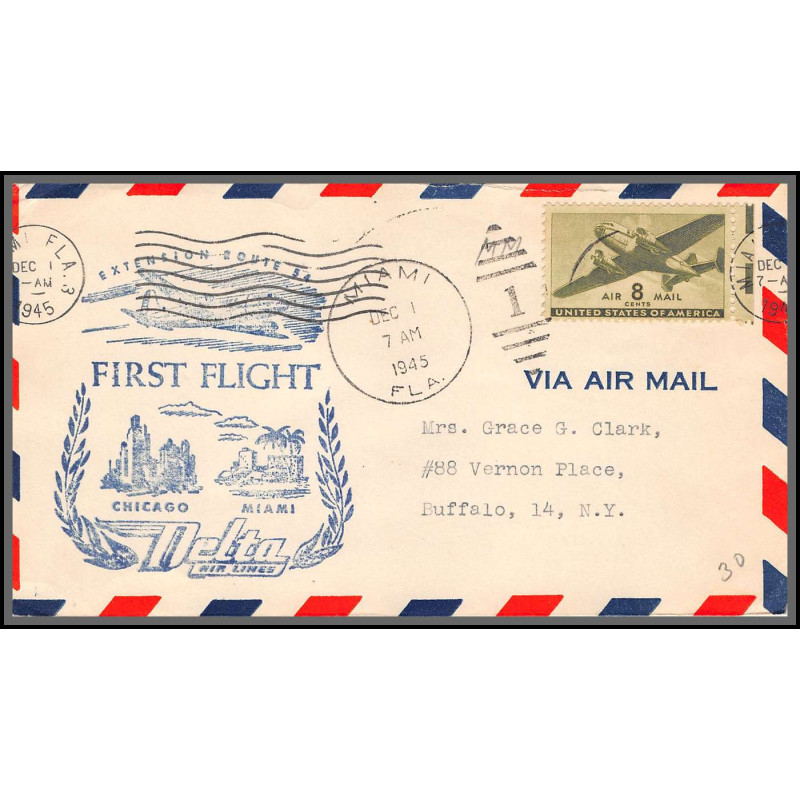12175 extention route 54 chicago miami 1/12/1946 premier vol first flight lettre delta airlines cover usa aviation