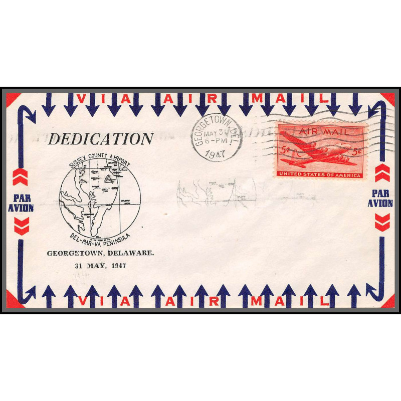 12184 dedication sussex county airport georgetown 31/5/1946 premier vol first flight lettre airmail cover usa aviation