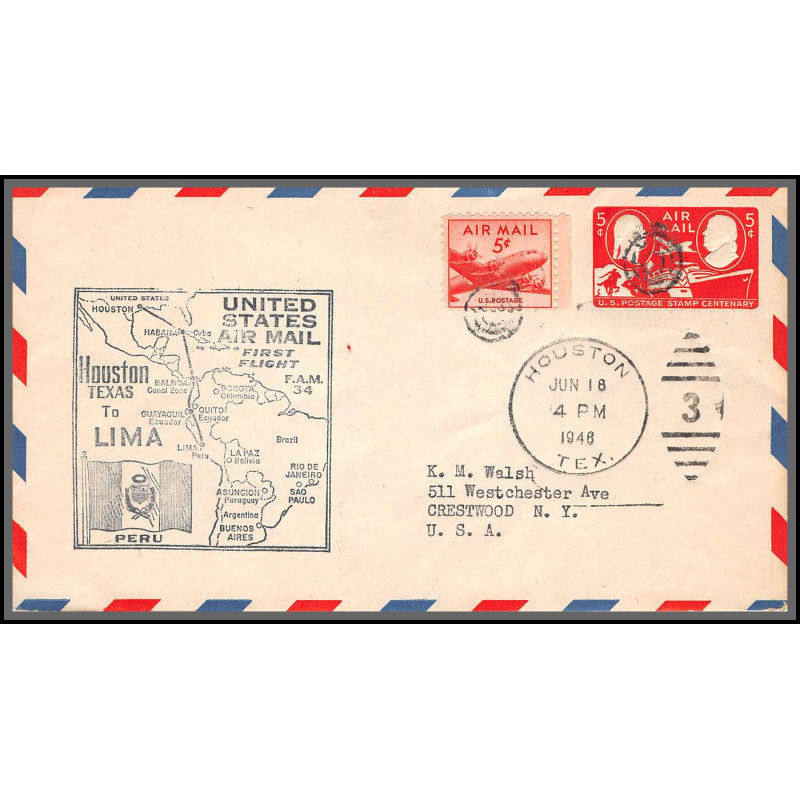 12187 enveloppe noire fam 34 houston to lima perou peru 18/6/1948 premier vol first flight airmail entier stationery usa